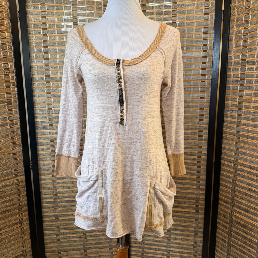 We The Free Henley Tunic Women Small Beige Boho Casual Pocket Top